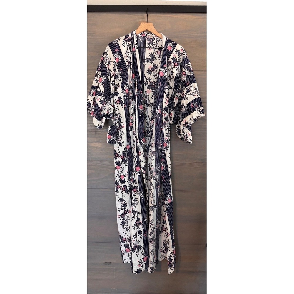 Sakurai Shoji Japan Cotton Kimono Robe Navy Pink Floral Yukata Lounge Dress‎ M